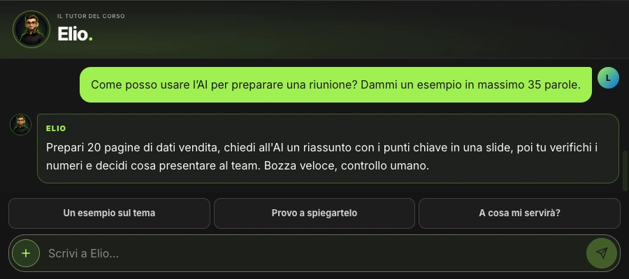 Elio risponde a una domanda su come preparare una riunione con l’AI
